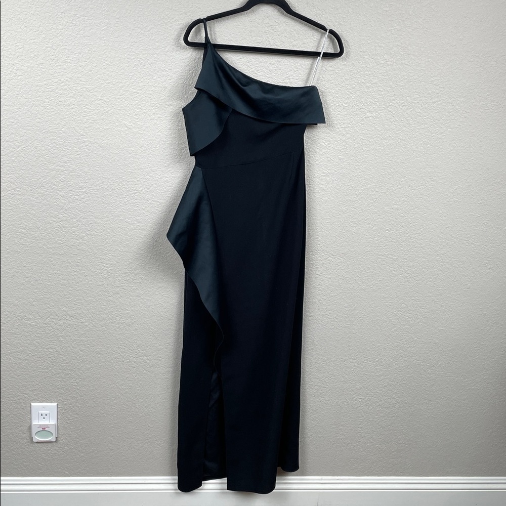 Halston Heritage Draped Column Gown Black Maxi Dress Ruffle Sz 4 - Picture 5 of 15